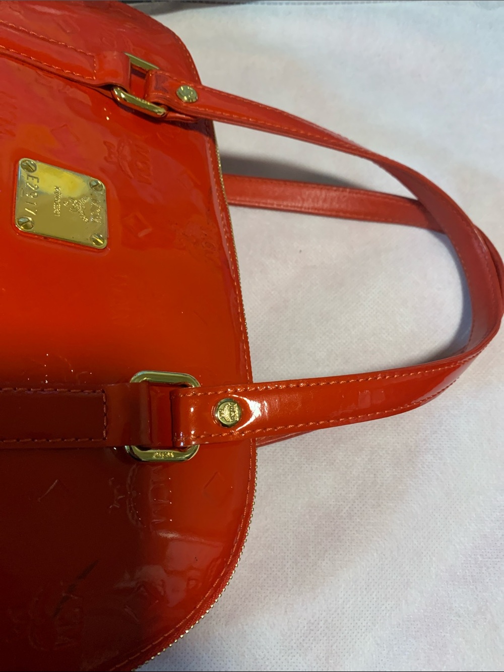MCM Red Patent Leather Dome Tote with Gold Plaque Accent - Picture 6 of 12